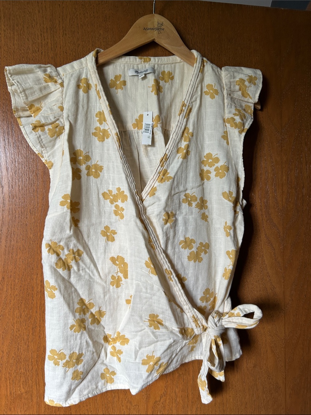 Madewell Cream Wrap Blouse with Mustard Floral Print